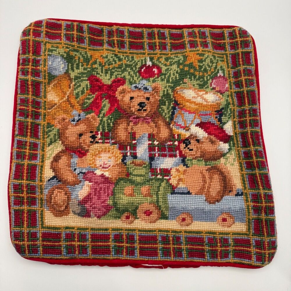 VTG Wool Needlepoint Pillow COVER Teddy Bear Christmas Tree Velvet Zip Back 12"